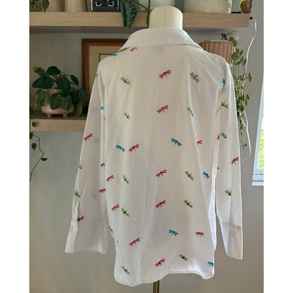 Vintage Casey Coleman Embroidered Dragonfly Button Down Shirt White 1X Cotton - Picture 2 of 7